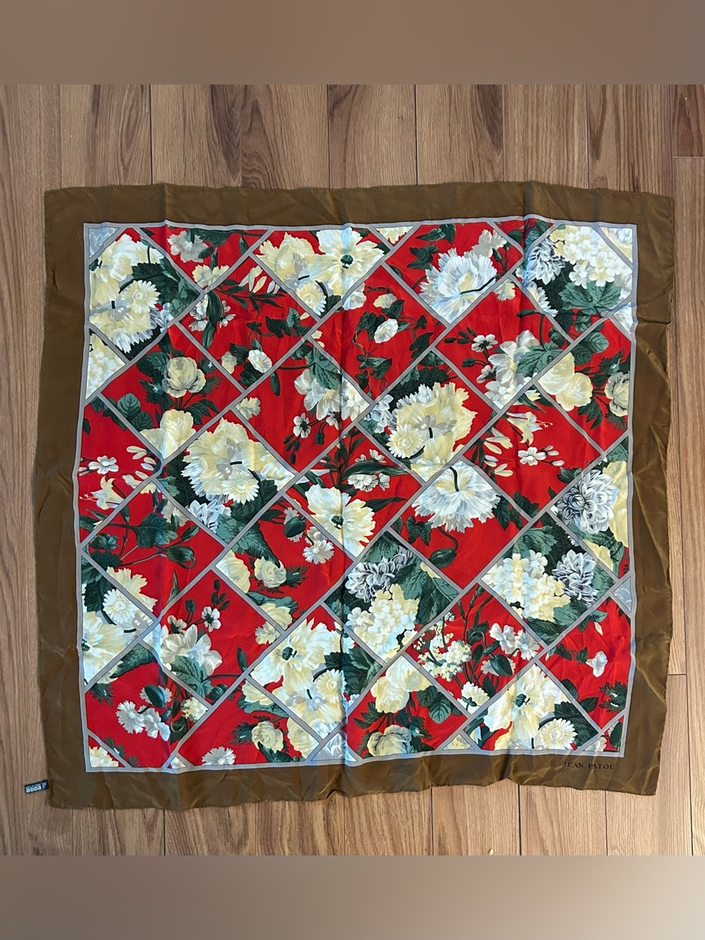 Jean Patou Floral Block Print Silk Scarf in Red, Brown & Cream